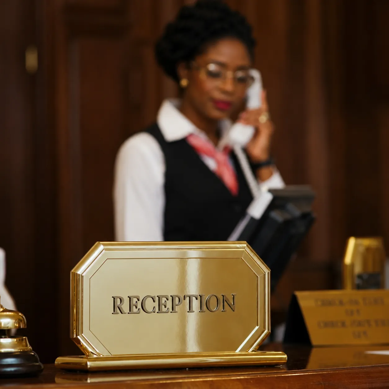 A hotel receptionist on the phone behind a brass reception sign